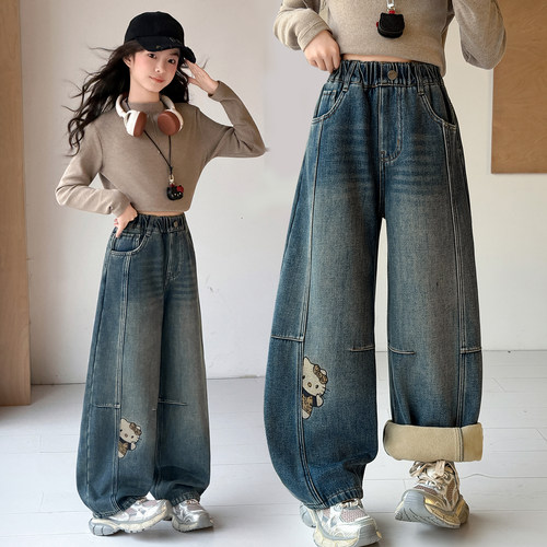 女童秋冬新款加绒牛仔弯刀裤