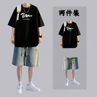 夏季1套休闲套装男生潮牌短袖t恤搭配帅气牛仔短裤学生运动两件套