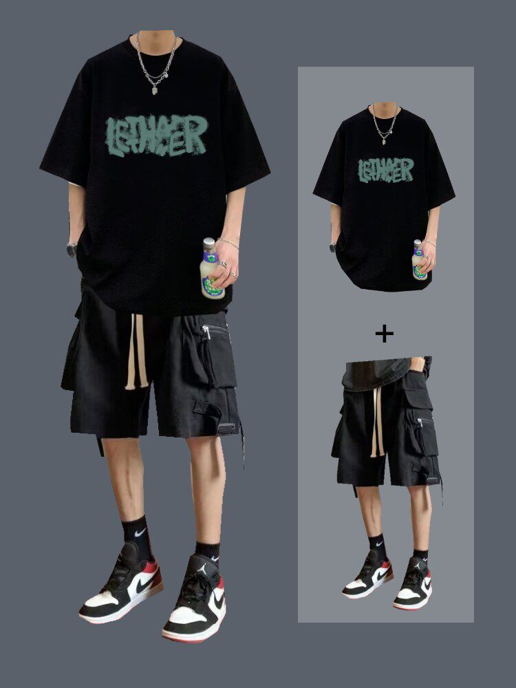 트렌디한 남성 정장 남아 여름 반팔 티셔츠 트렌디 브랜드 카고팬츠까지 세트 핸섬한 투피스 세트