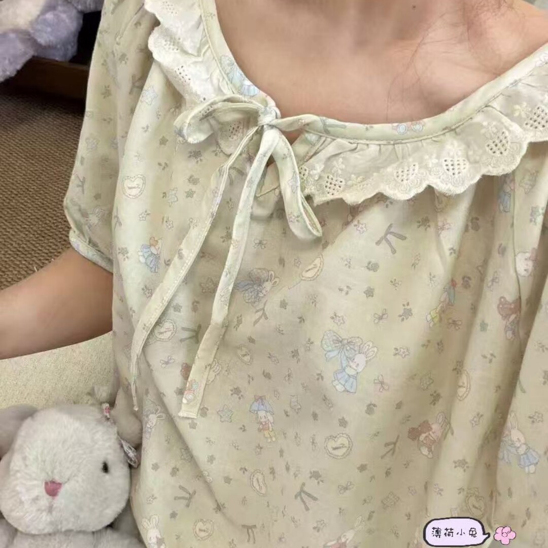 日系软萌风睡衣短袖睡裙纯棉纱布材质柔软亲肤蕾丝花边系带设计