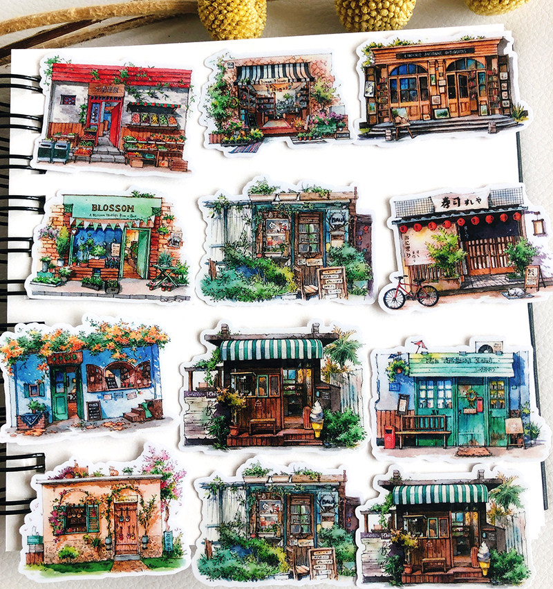 手帐 tn hobo  复古手绘水彩插画房屋小店街边邂逅手账不干胶