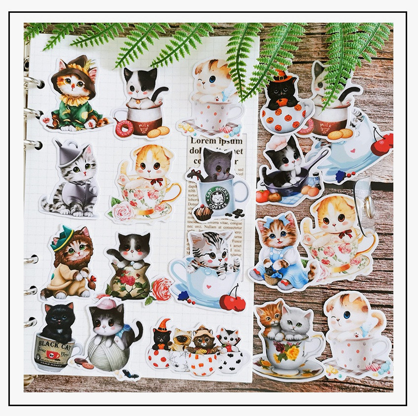 手账自制贴纸包装饰 手绘简笔卡通可爱杯子猫咪手帐不干胶diy贴纸