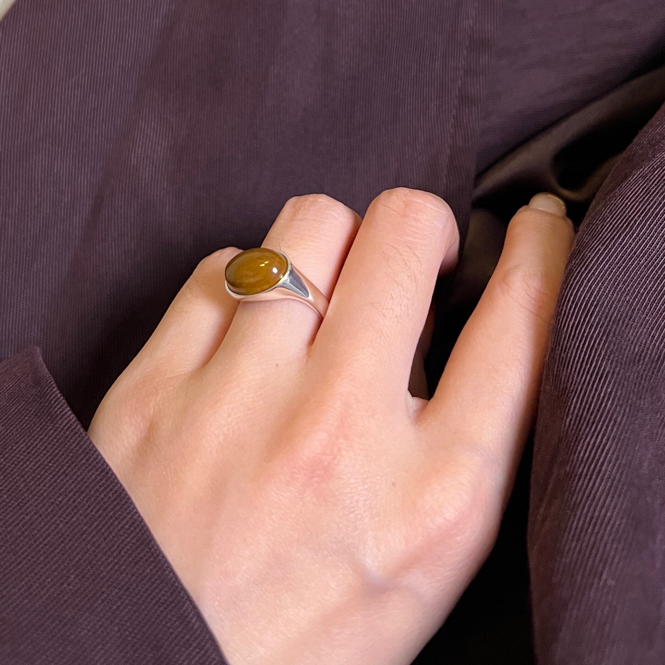 愿岛 法式镜面抛亮银色大自然咖色石头戒指jz730