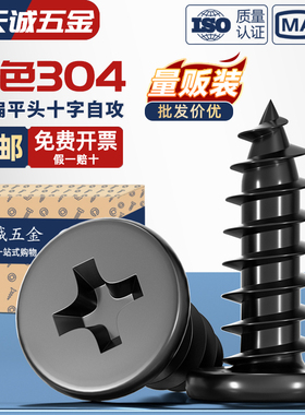 CA 黑色304不锈钢 扁平头十字自攻螺丝 大薄头子平头尖尾沉头螺钉