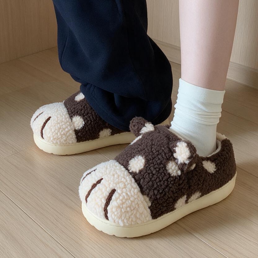趣味猫抓爪子毛绒棉拖鞋女秋冬季包跟居家防滑加绒厚底保暖毛毛鞋