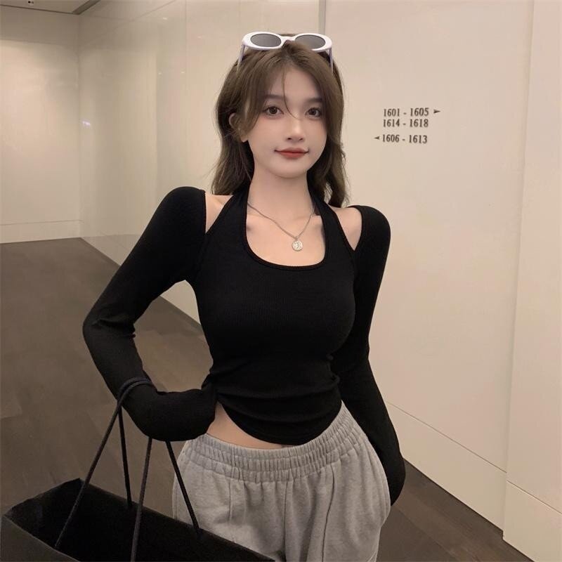 春秋新款长袖t恤女纯欲辣妹性感挂脖露肩短款修身上衣内搭打底衫