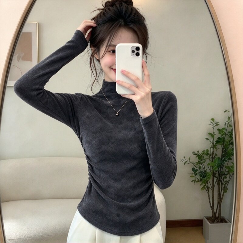时尚休闲扎染修身德绒内搭上衣小众正肩半高领褶皱长袖t恤女打底