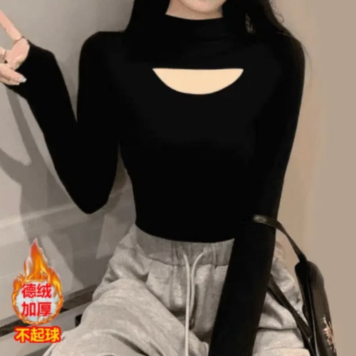 秋冬德绒设计感半高领长袖T恤女修身镂空内搭纯色时尚打底衫上衣