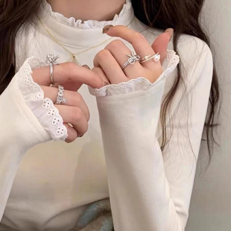 甜妹纯欲风长袖T恤女蕾丝边半高领打底衫德绒保暖内搭修身上衣潮