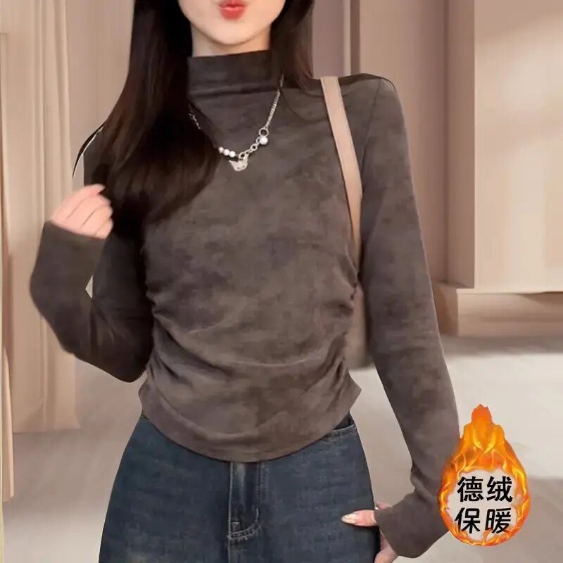 复古扎染半高领长袖t恤女秋冬季新款洋气褶皱收腰显瘦打底衫内搭