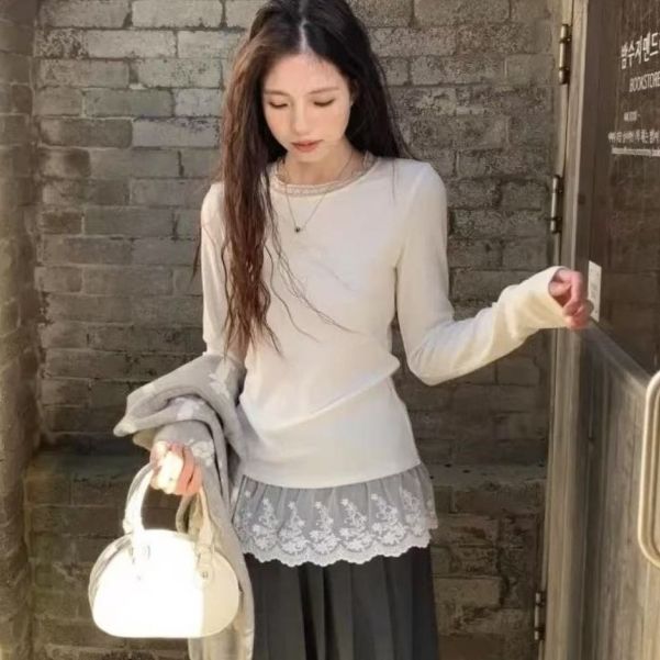 设计感下摆蕾丝花边打底衫2026德绒保暖韩系叠穿内搭甜美纯欲上衣