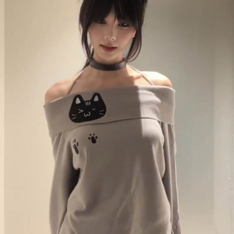 2026春秋新款外穿辣妹刺绣猫咪长袖t恤女纯欲德绒一字肩打底上衣