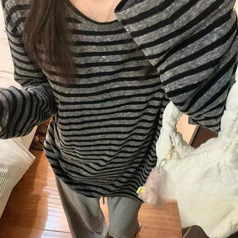 复古黑灰条纹长袖t恤女2026春秋季新款百搭宽松打底衫慵懒风上衣