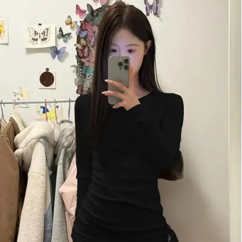设计德绒保暖收腰打底女2026秋季圆领长袖T恤修身辣妹超好看上衣