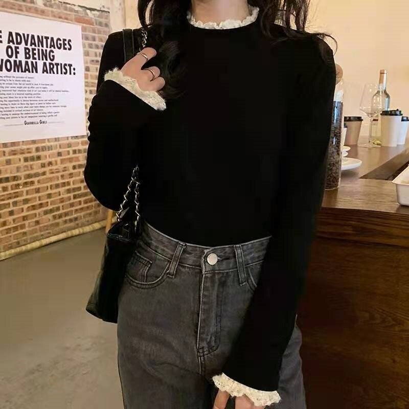 蕾丝花边德绒半高领长袖T恤打底衫女秋冬新款小香风纯欲内搭上衣