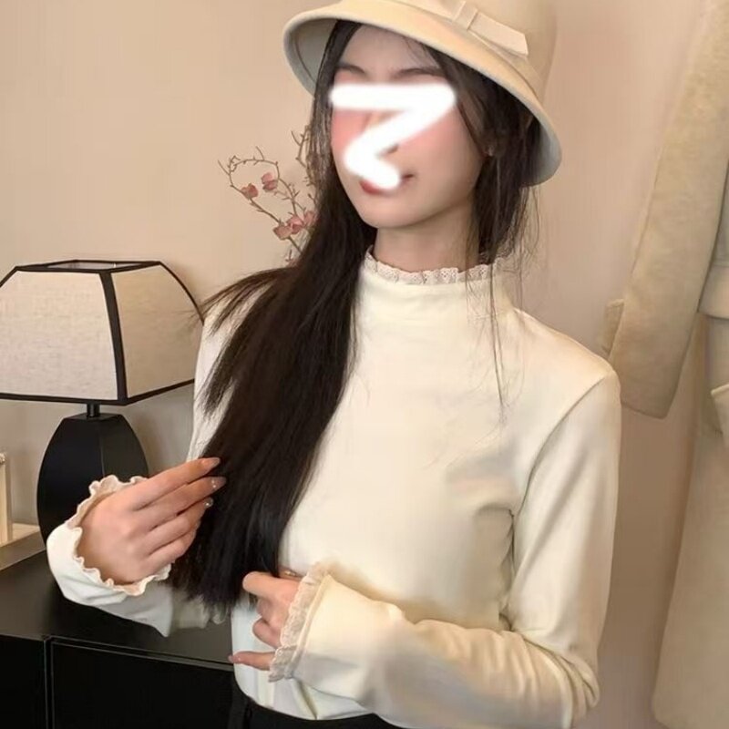 秋冬季德绒内搭长袖t恤女新款纯色修身显瘦小众设计时尚拼接蕾丝