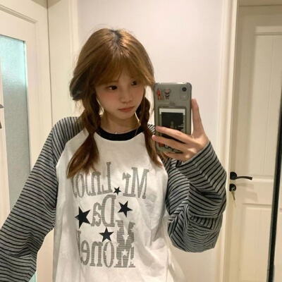 韩版春秋季条纹星星复古印花长袖T恤女纯欲宽松慵懒休闲百搭上衣