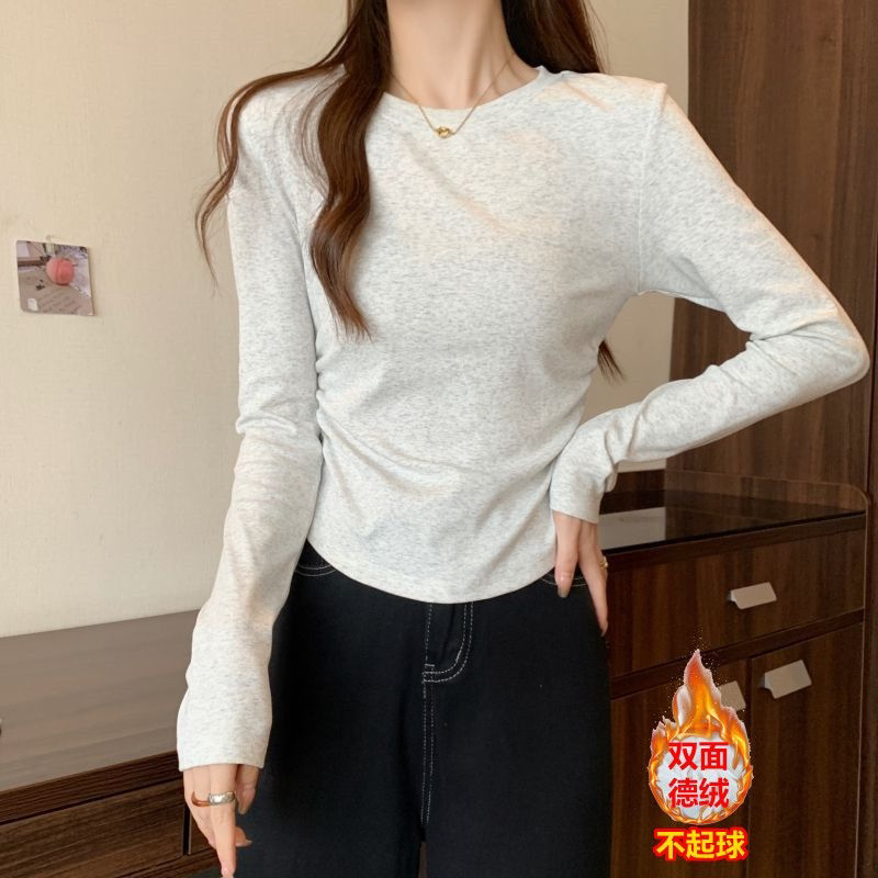 秋冬季时尚圆领褶皱收腰百搭上衣女小众修身显瘦长袖t恤打底衫潮