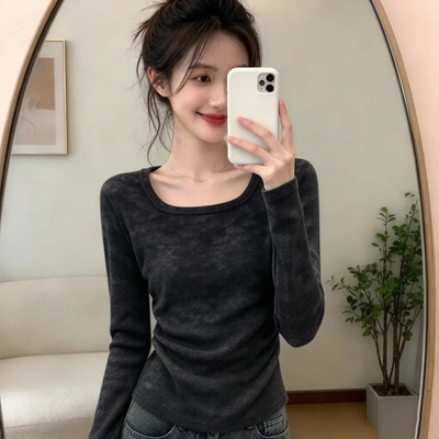 黑色通勤打底收腰百搭长袖T恤女秋季德绒保暖超好看方领上衣ins潮