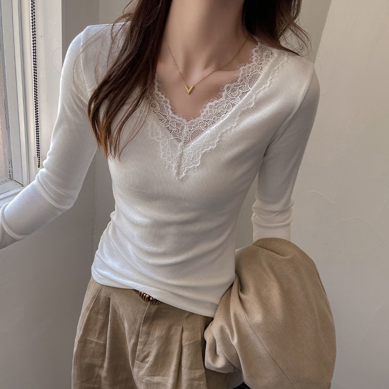 潮流时尚新款V领长袖T恤秋季女休闲蕾丝花边漂亮出片衣服拼接上衣