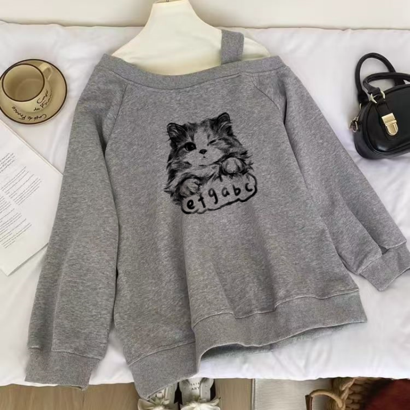 绝美斜领露肩猫咪印花卫衣女新款2026秋季宽松设计感套头上衣ins