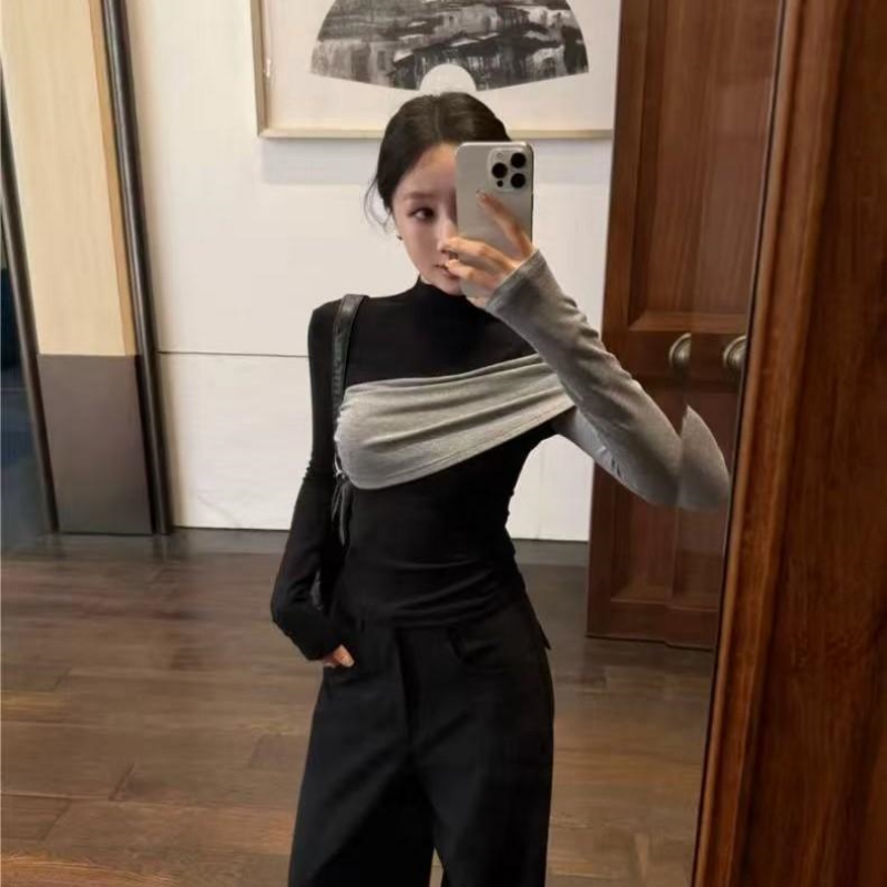 今年流行半高领长袖T恤女2026秋冬款德绒撞色拼接打底衫上衣ins潮