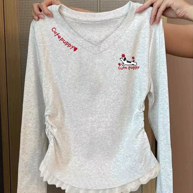慵懒风白灰色长袖T恤女正肩修身显瘦V领蕾丝边秋季新款打底衫上衣