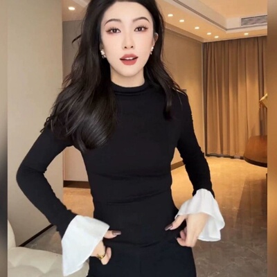 半高领德绒保暖打底衫女秋冬爆款2026新款洋气内搭小衫喇叭袖上衣