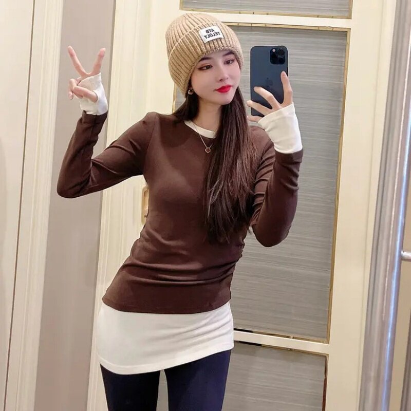 假两件拼接撞色长袖T恤女秋冬季显瘦褶皱中长款德绒保暖打底上衣