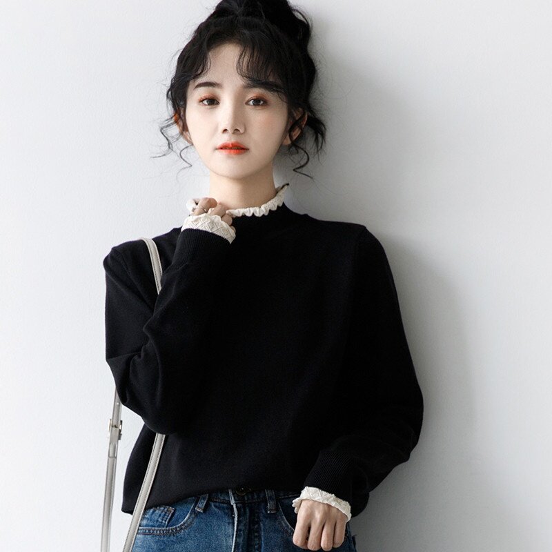 设计感蕾丝拼接半高领德绒打底衫女内搭秋冬纯色上衣修身长袖T恤