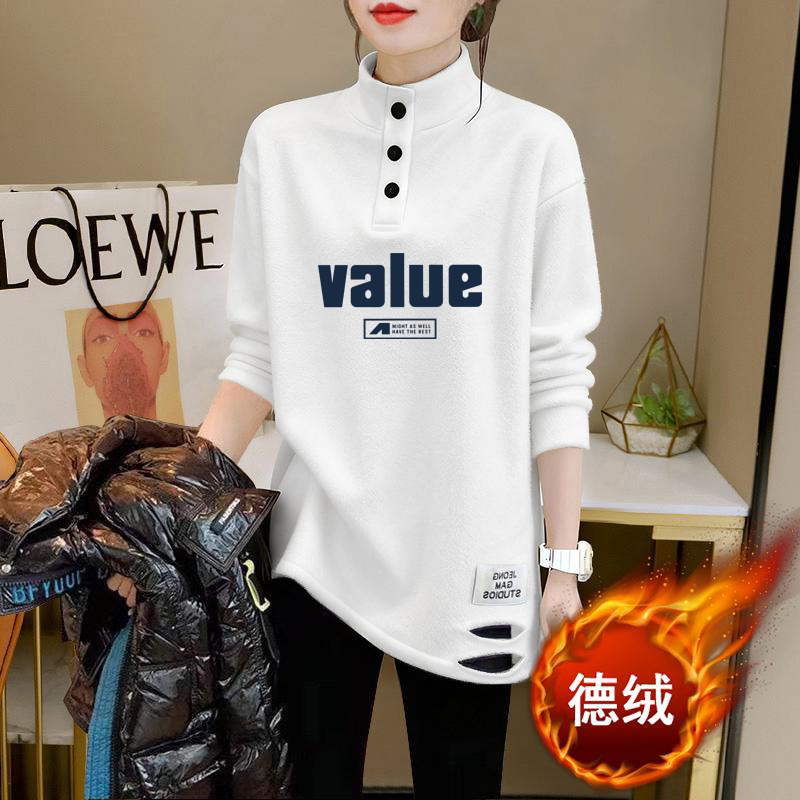 时尚气质半高领长袖印花t恤女秋冬新款设计感宽松休闲打底衫上衣