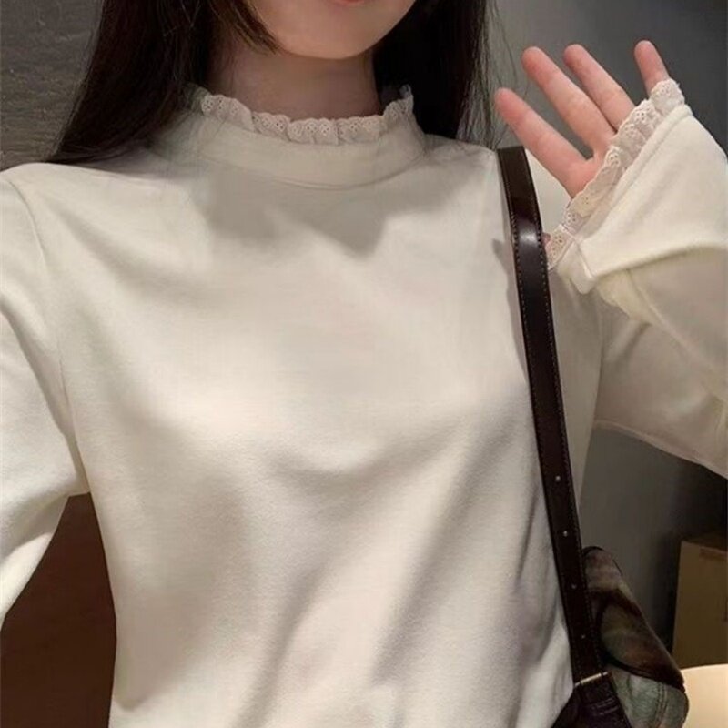 圆领蕾丝拼接双面德绒长袖t恤女秋冬季新款韩系时尚显瘦内搭上衣