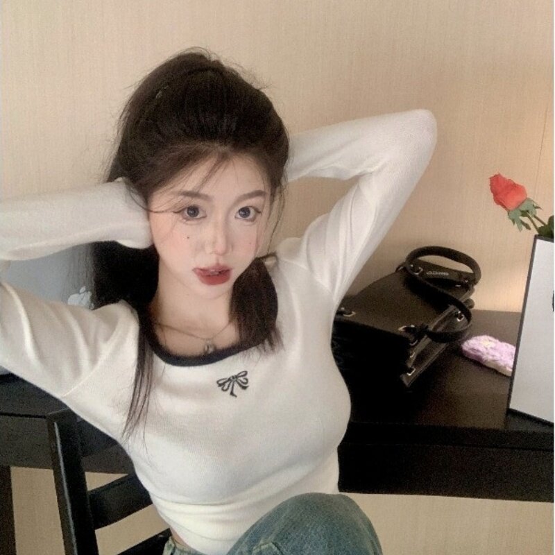 德绒方领打底衫女秋冬正肩长袖t恤衫小众修身美式辣妹chic上衣潮