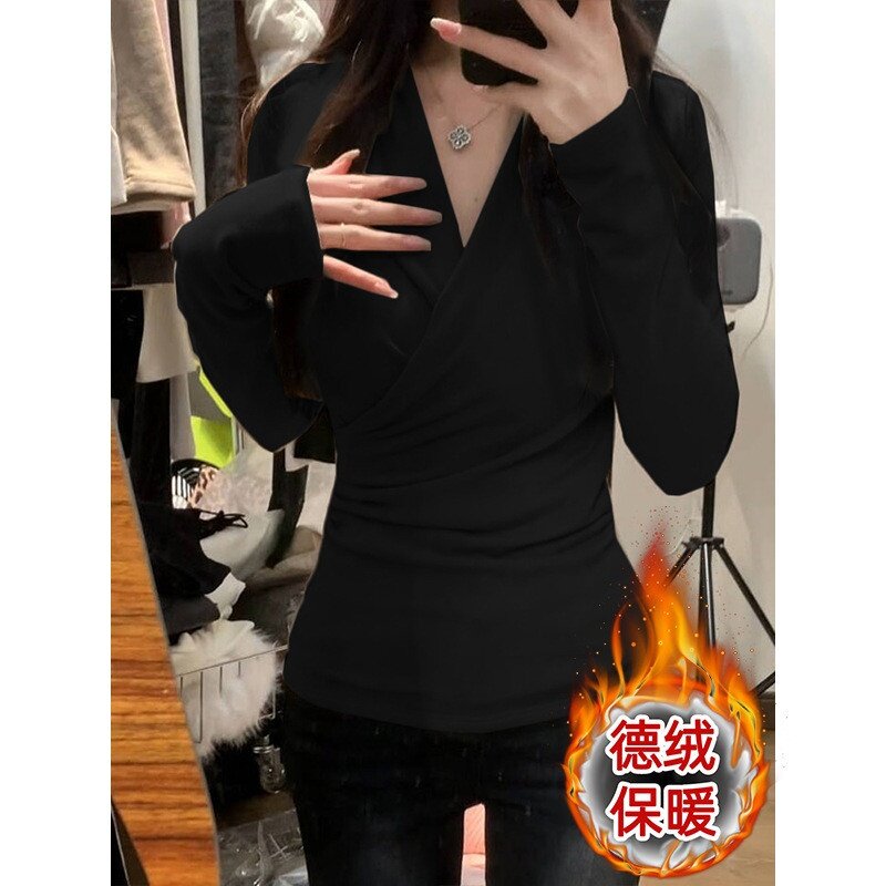 秋冬季新款百搭德绒内搭长袖t恤打底衫交叉V领褶皱修身保暖上衣女