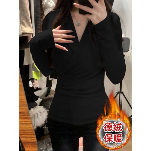 秋冬季新款百搭德绒内搭长袖t恤打底衫交叉V领褶皱修身保暖上衣女