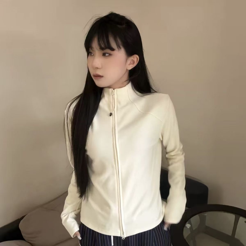 韩系德绒半高领复古chic修身拉链秋季女百搭设计开衫长袖外套上衣