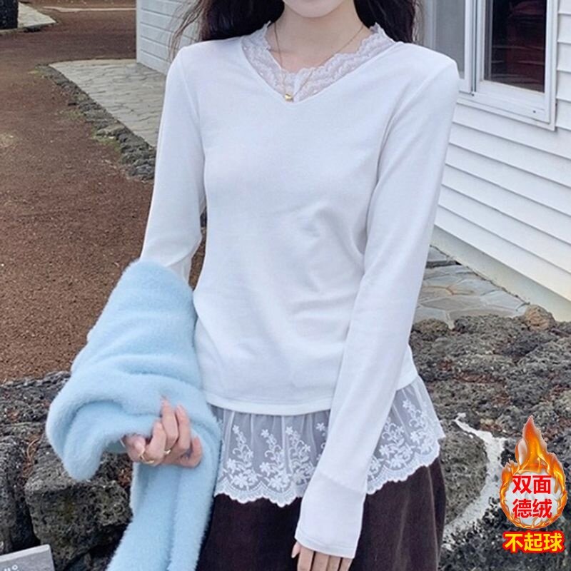 法式复古温柔风甜美小众蕾丝花边秋冬季德绒内搭叠穿打底衫上衣女