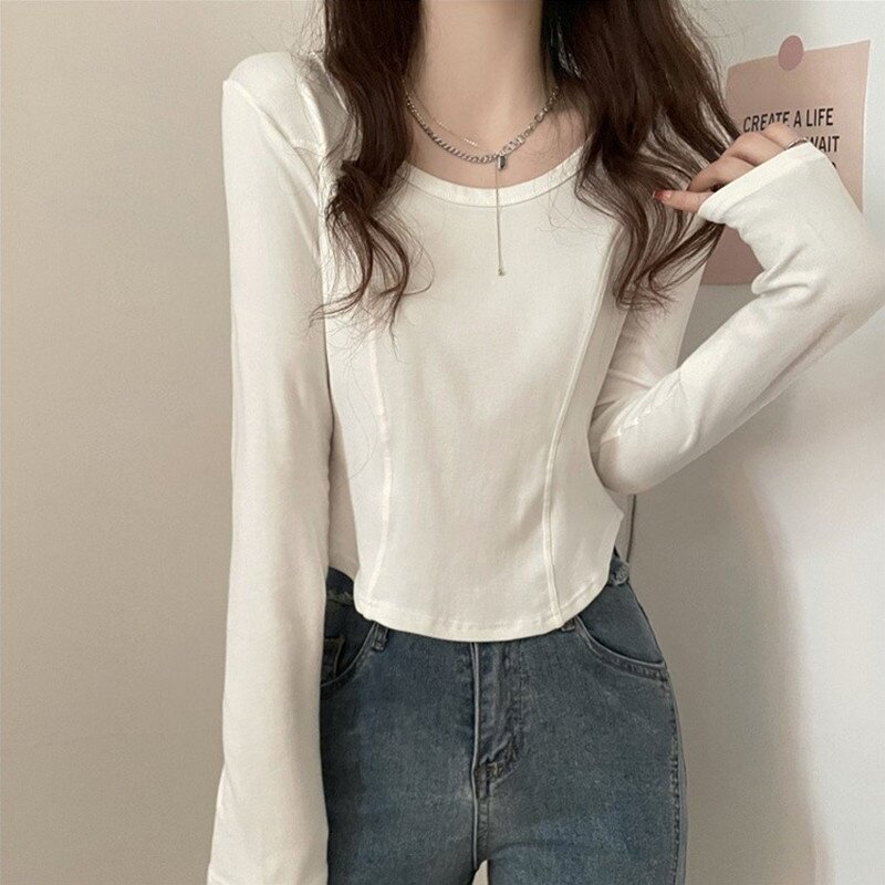 设计感鱼骨长袖t恤女ins韩版小众修身显瘦打底衫女秋冬季德绒上衣