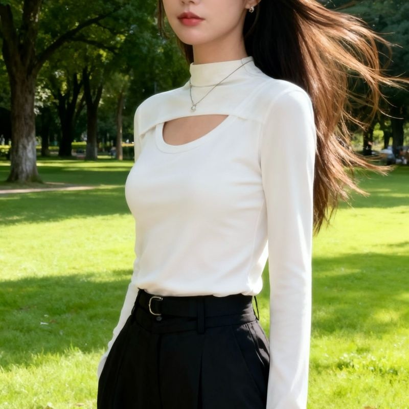 时尚别致超好看半高领长袖T恤女2026秋冬季内搭镂空修身上衣ins潮