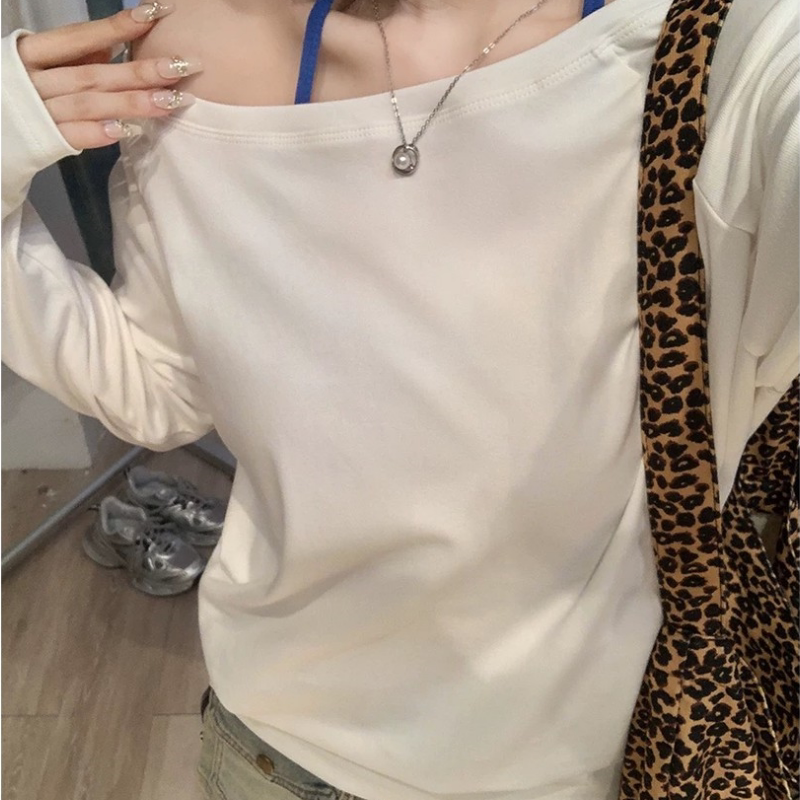 斜领宽松设计感露肩2026新款纯色百搭长袖T恤女超好看打底衫上衣