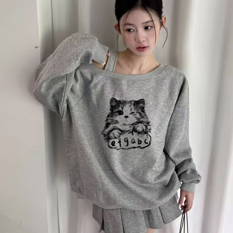 美式字母猫咪印花斜领长袖卫衣女2026秋季设计感辣妹宽松百搭上衣