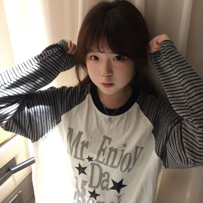 韩式春秋季条纹星星印花复古长袖T恤女甜妹宽松慵懒潮流百搭上衣