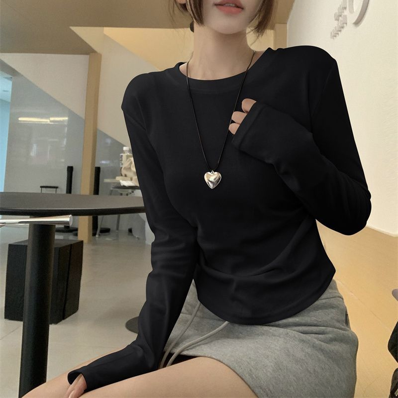 设计小众收腰褶皱圆领长袖T恤女2026秋季款显瘦百搭纯色打底上衣