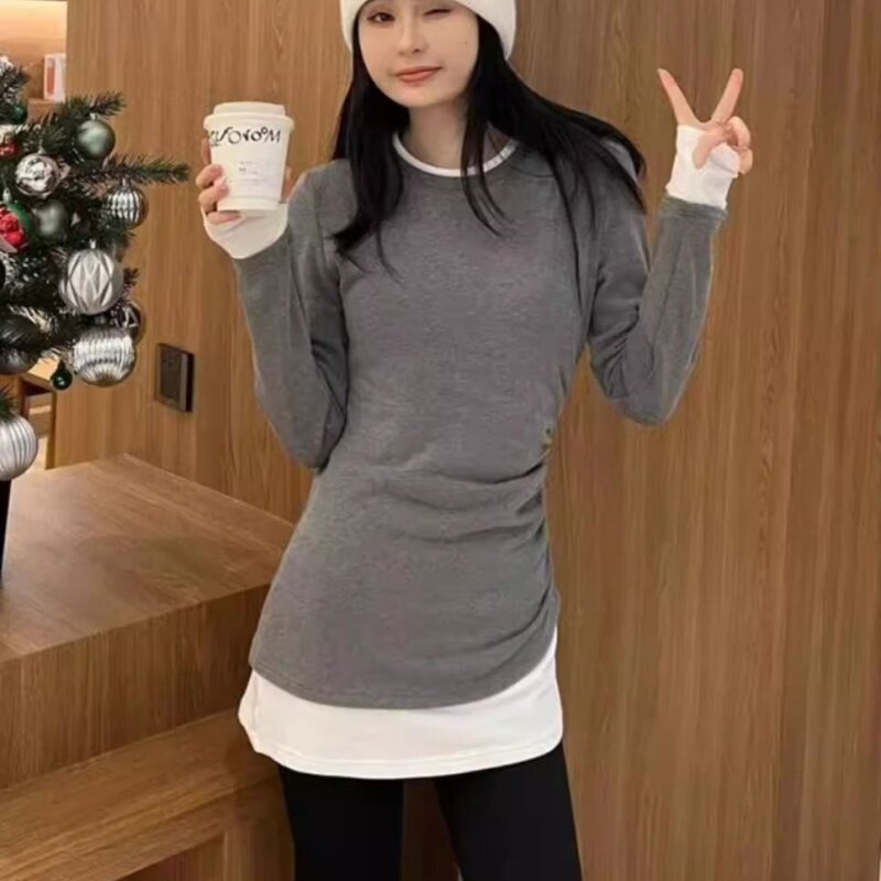 韩系圆领假两件拼接设计长袖T恤女秋冬德绒保暖中长款打底衫上衣