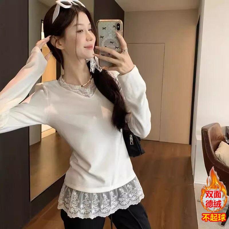 韩系白色蕾丝花边长袖t恤女秋冬设计感ins风纯欲风德绒打底衫上衣
