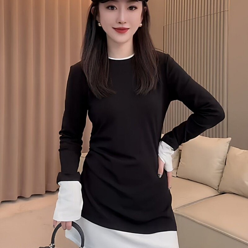 德绒圆领假两件拼接长袖t恤打底衫秋冬季磨毛保暖百搭中长款上衣