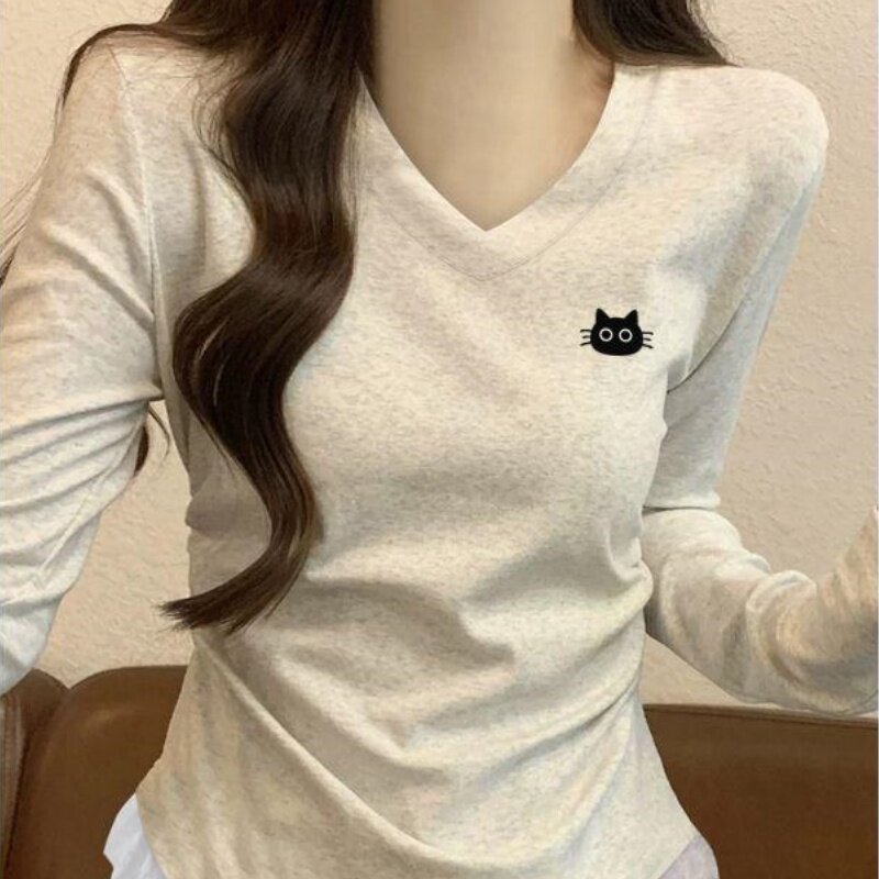 超好看白灰色V领蕾丝边长袖T恤女正肩修身显瘦秋季打底衫上衣ins