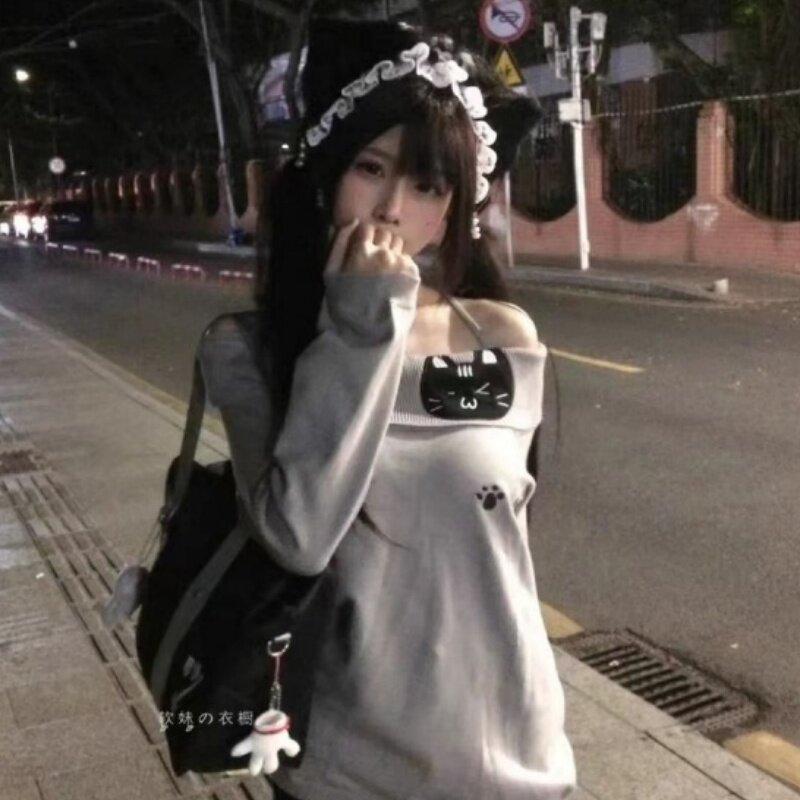 美式辣妹一字肩德绒保暖长袖打底衫T恤女秋冬季纯欲刺绣内搭上衣