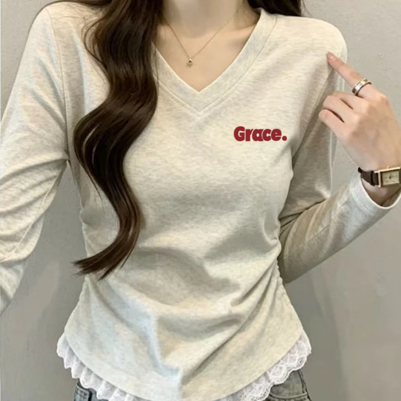 字母印花超好看v领长袖t恤女秋季慵懒风蕾丝边掐腰新款上衣ins潮