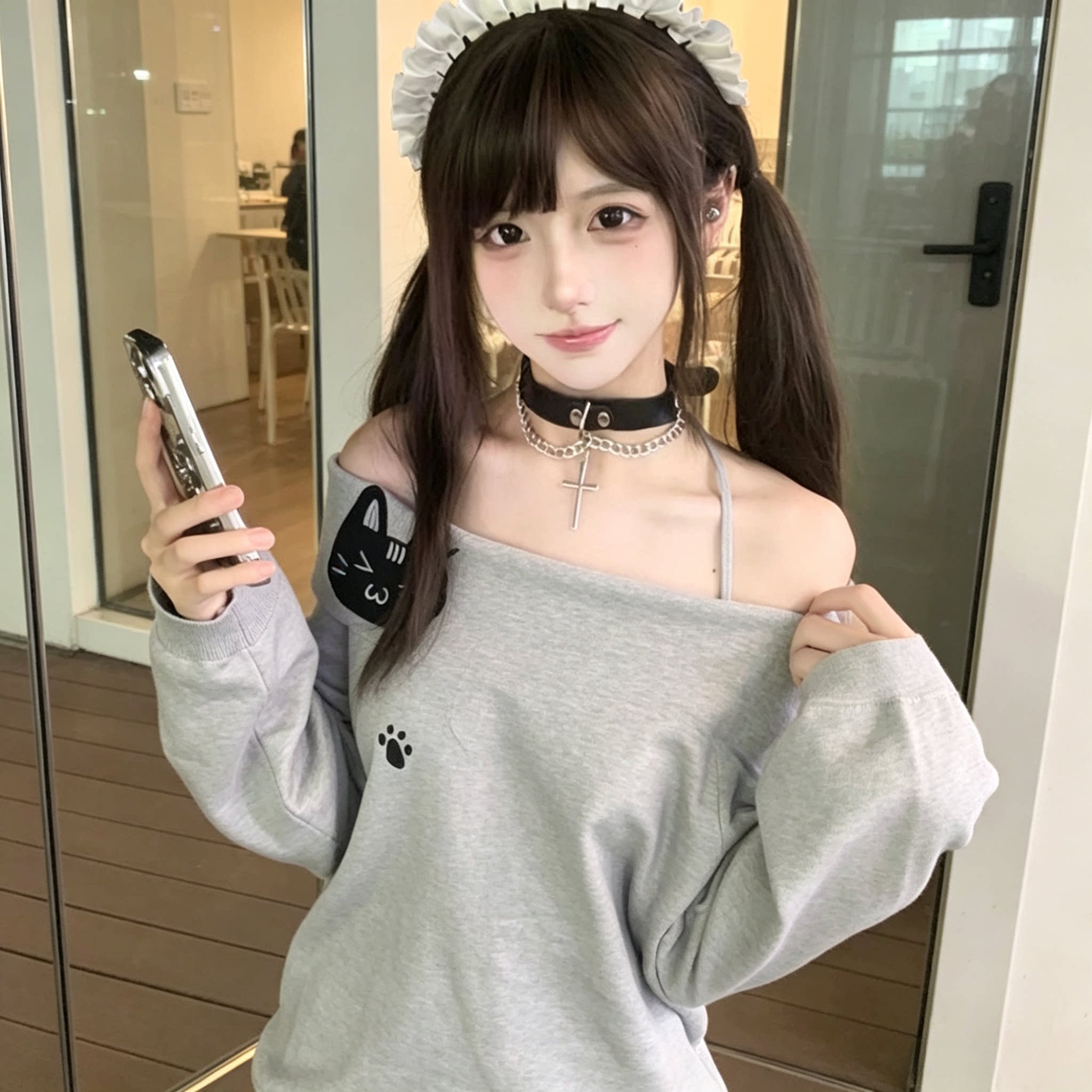 灰色小猫刺绣一字肩长袖T恤女2026春秋季德绒保暖挂脖设计感上衣